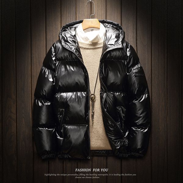 

2018 autumn and winter plus-size bright leather luster patchwork with pockets hooded bread-clothing men, Black