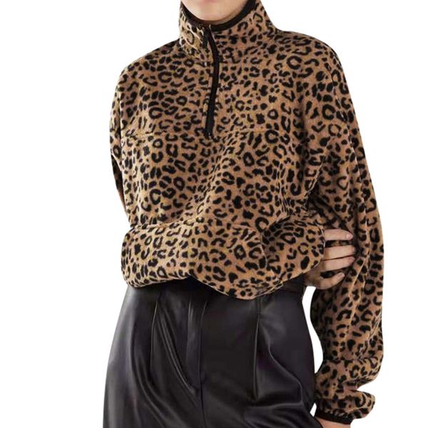 

womens leopard print artificial wool shirt round neck european and american winter parka ropa mujer#30, White