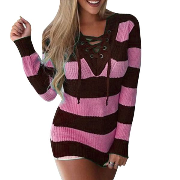 

oeak patchwork v-neck autumn bandage sweater women long sleeve warm knitted striped sweaters pullover female jumper, White;black