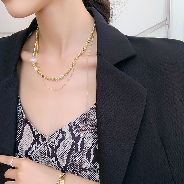 

korean new fashion jewelry multi-layer chain short choker necklace personalized design pearl pendant female elegant necklace, Golden;silver