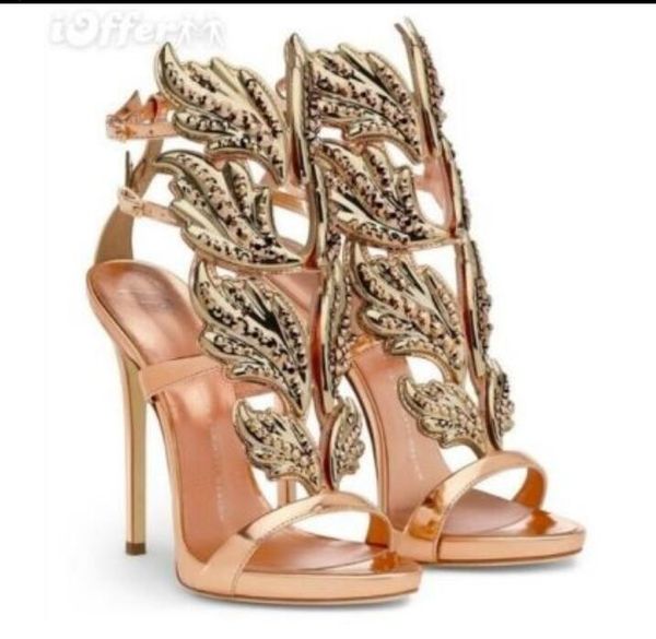 

kardashian luxury women suede cruel bombas de verano pulido hoja de metal dorado alado gladiador sandalias zapatos de tacÃ³n alto con caja or, Black