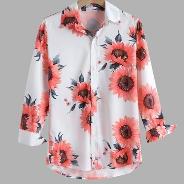 

men's casual lapel button-down shirt sunflower printed long sleeve blouse personalized fashion long sleeve top, White;black