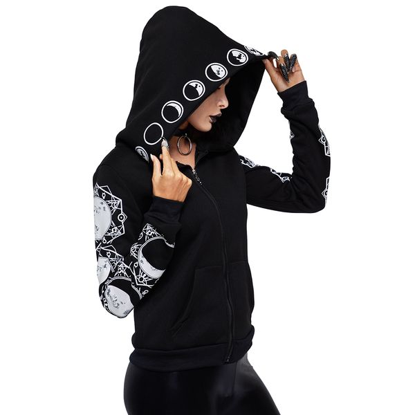 

2019 gothic женщины hoodie вскользь с длинным рукавом с капюшоном на молнии толстовки с капюшоном женский перемычка женщины спортивные костю, Black