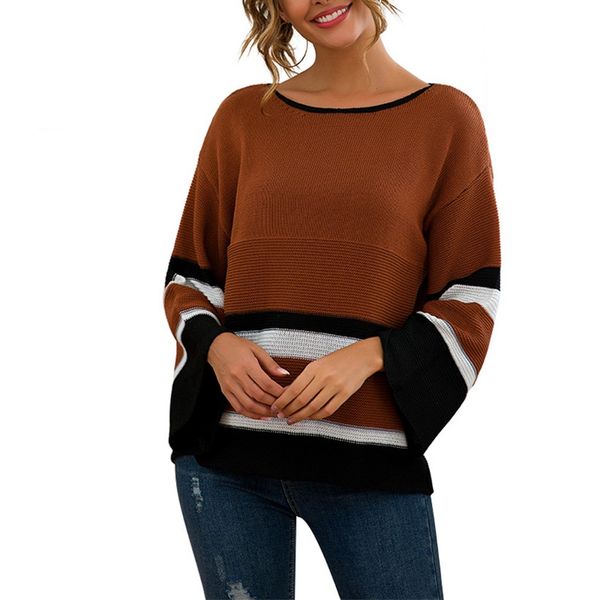 

plus size womens patchwork stripe long sleeve pullover blouse knit sweater sweater women slim female #d, White;black