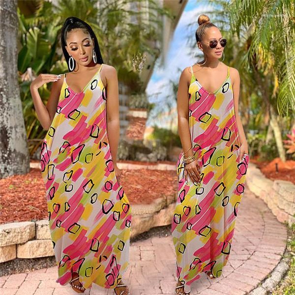 

designer dresses holiday v neck camisole dress women summer irregular shape printed maxi dress 2020 ladies, Black;gray