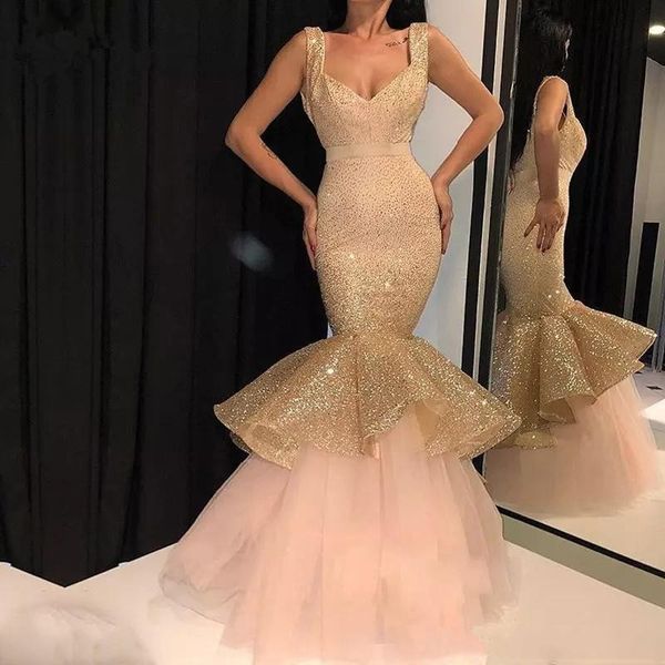 

blingbling mermaid evening dresses long sequins tiered tulle skirt prom dresses vestido de festa women formal dress custom made, Black;red