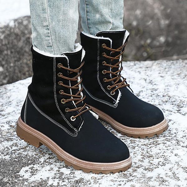 

women winter shoes snow boots mid calf plush fur velvet boot suede leather lace up ladies female warm flat shoes footwear, Black
