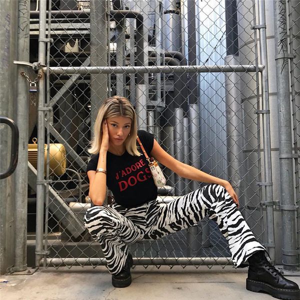 

zebra fashion animal print wide leg pants women fall full length winter casual trousers high waist bell bottom pants c55 ac75, Black;white