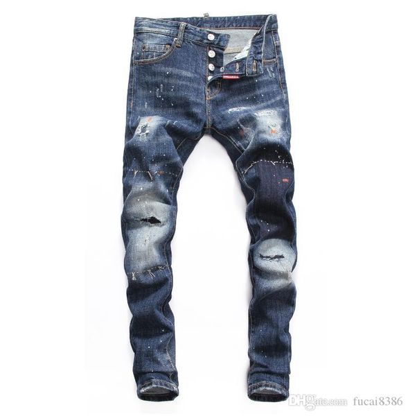 

d2019 fashion new style brand men's denim jean embroidery pants holes men pencil pants bull-puncher knickers, Blue