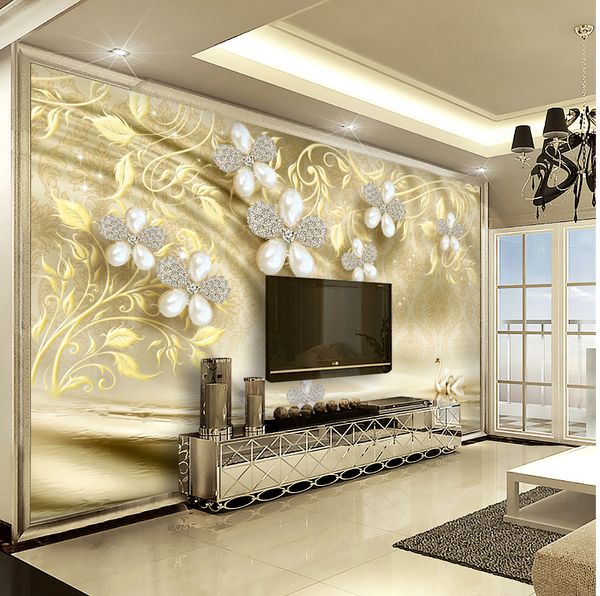 

3d jewelry luxury pearl flower space wall decoration advanced practical wallpaper