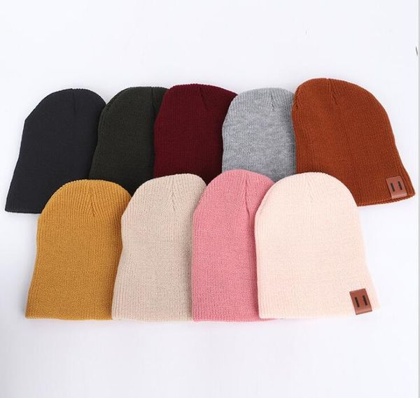 

children knitted woolen pullover cap autumn and winter leather standard solid color warm baby knitted hat parent-child hat wy1299, Blue;gray