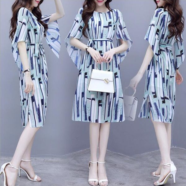 

elegant chiffon dress women's dress 2019 summer new style korean-style mid-length waist hugging slimming stripes printed skirt, White;black