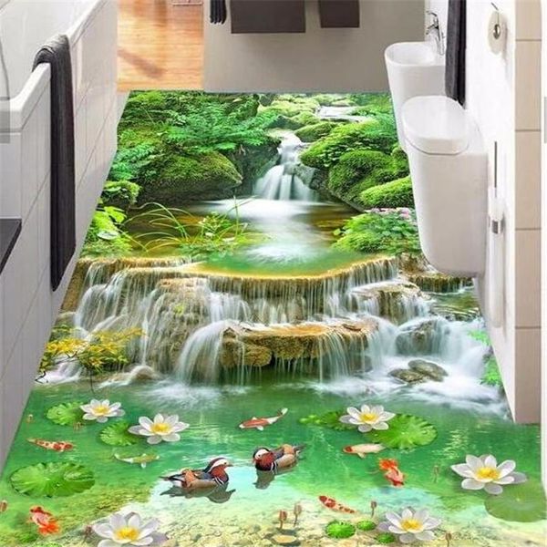 

custom floor painting 3d stream aquatic year and year surplus lotus flower landscape floor living room bedroom