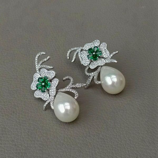 

2pcs teardrop white sea shell pearl red cz pave flower stud earrings, Silver