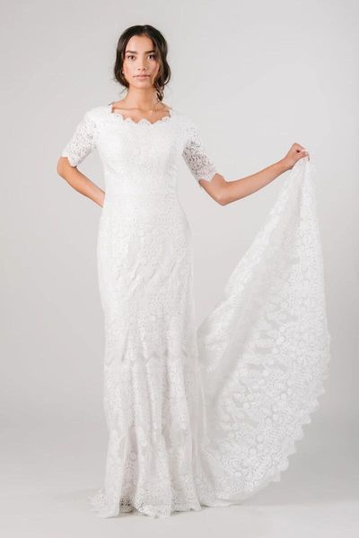 2019 Современные кружевные русалка скромные свадебные платья с 3/4 с длинными рукавами Scallops Jewel Deckline LDS Bridal платья с рукавами