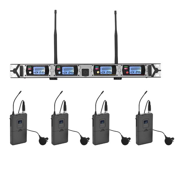 

new muslady d4-1 professional 4-channel uhf wireless microphone system includes 4 lapel microphones with bodypack transmitters