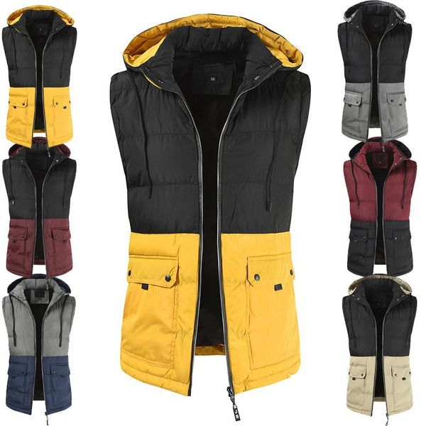 

sleeveless solid color homme clothing fashion casual apparel mens autumn designer casual vests stand collar hat detachable, Black;white