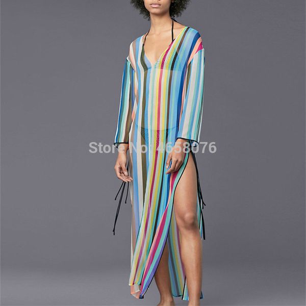 

colorful striped swimsuit cover up beach tunic sarong robe de plage beachwear kaftans long beach dress womens swim wear, Blue;gray