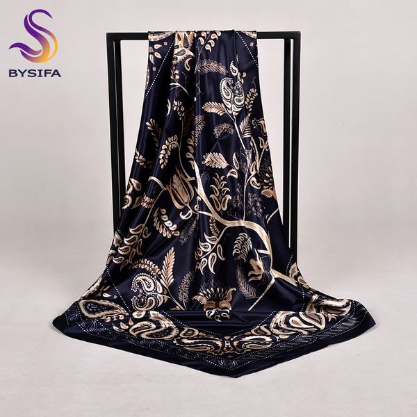 

bysifa] new women satin silk scarf shawl fashion accessories brand navy blue large square scarves muslim head scarf foulard t200609, Blue;gray