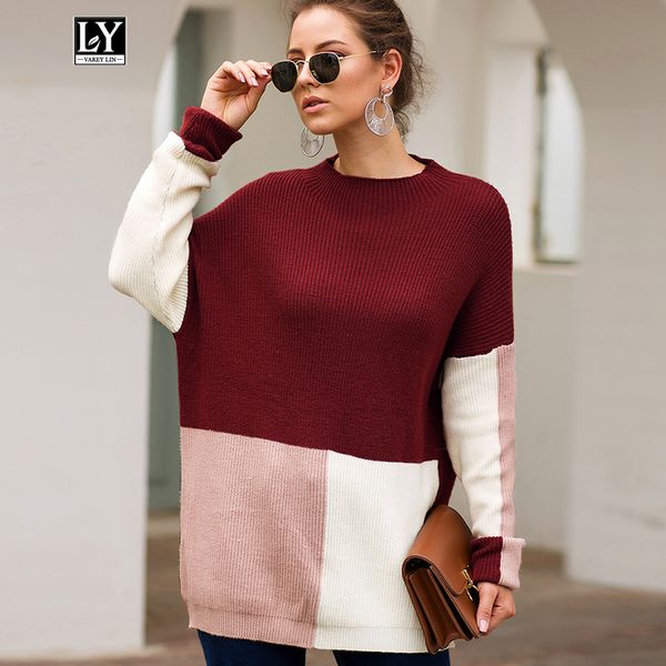 

women's sweaters ly varey lin women contrast color knitted sweater pullovers loose casual o neck long sleeve warm female, White;black