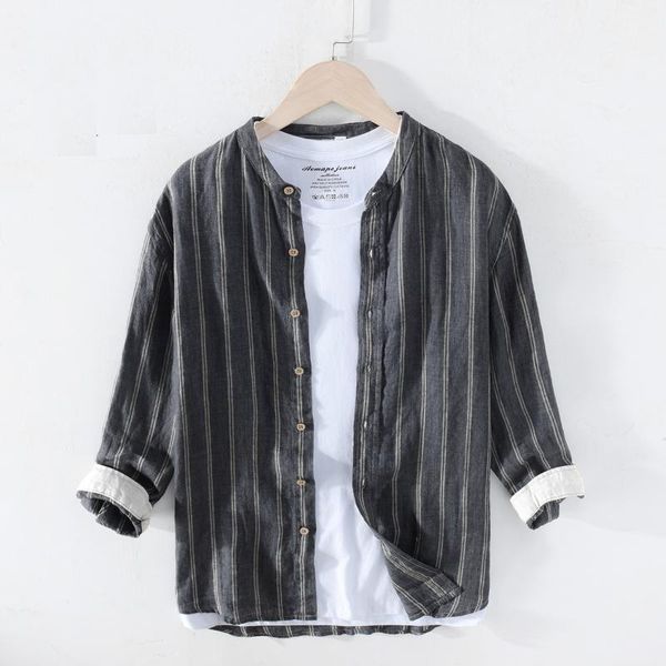 

men's striped shirt casual pure linen loose three quarter sleeve shirts man stand collar breathable clothing y2723, White;black