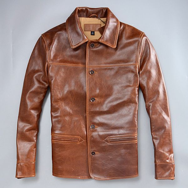

batik cowhide genuine leather coat men classic single-breasted leisure winter clothing lapel business style jacket, Black
