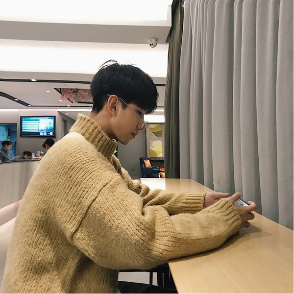 

men's sweater 2019 autumn and winter new solid color hooded high collar warm loose sweater youth fashion trend men's clothing, White;black