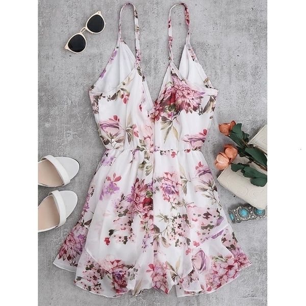 

bodysuit women summer holiday floral print women romper jumpsuit flower chiffon cami strap beach romper playsuit overalls 2019, Black;white