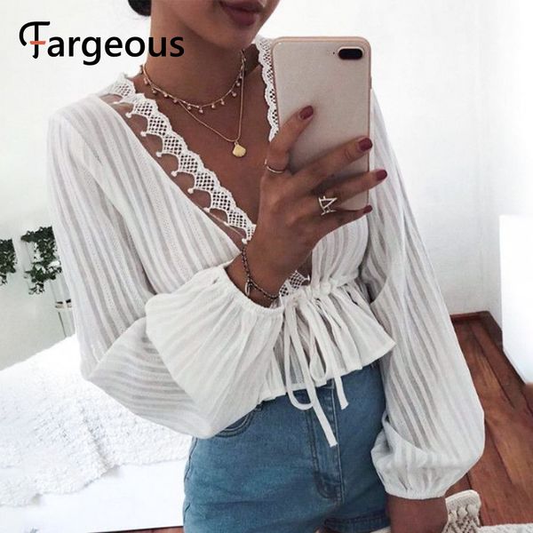 

fargeous casual veck lantern sleeve white blouse women 2020 spring summer lace up peplum shirt ladies lace patchwork crop