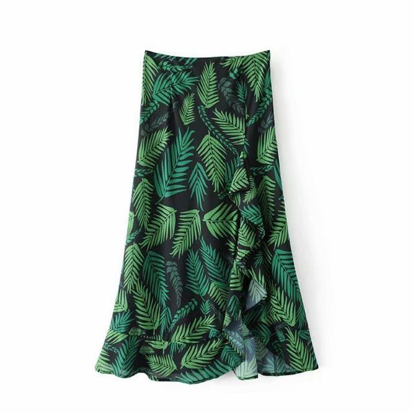 

yt48-7694 european and american fashion lotus leaf printed half-length skirt, Black