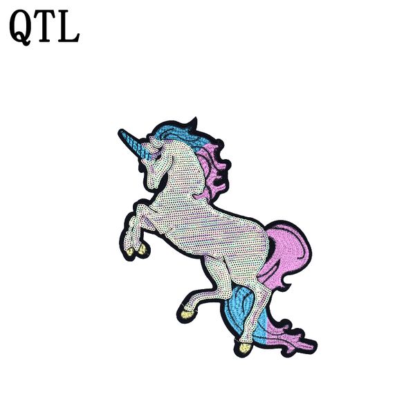 

1pcs big unicorn sequined patches for kids teens clothing cute iron on transfer applique patch for jeans bags diy sew on sequins patches, Black