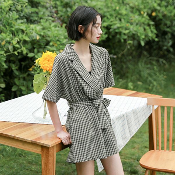 

korean olive green plaid jumpshort loose drawstring overalls for women rompers jumpsuit wide leg bow romper summer, Black;white