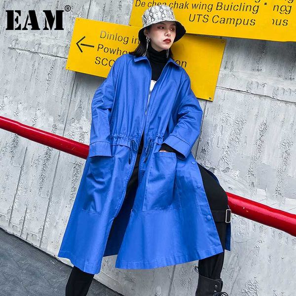 

eam] women blue black pocket big size trench new lapel long sleeve loose fit windbreaker fashion tide spring 2020 1r496, Tan;black