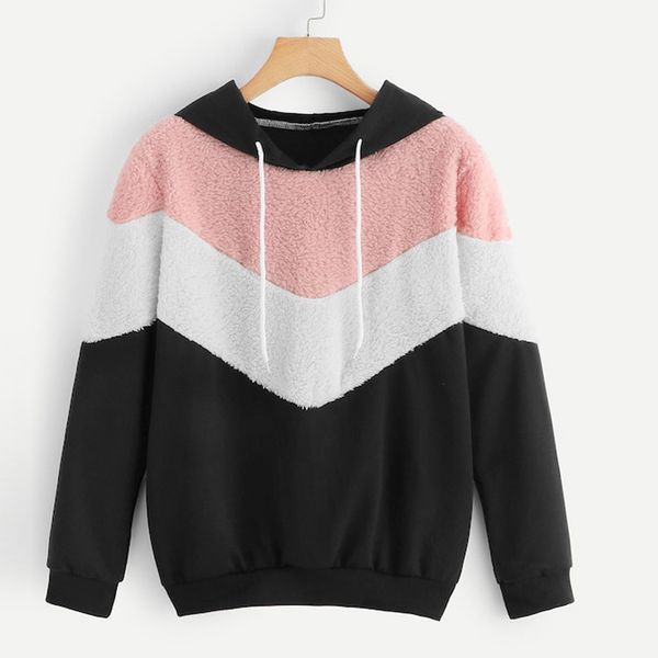 

2019 sweater women fashion fluffy drawstring long sleeve patchwork sweatershirt pull femme sueter mujer invierno pullover, White;black