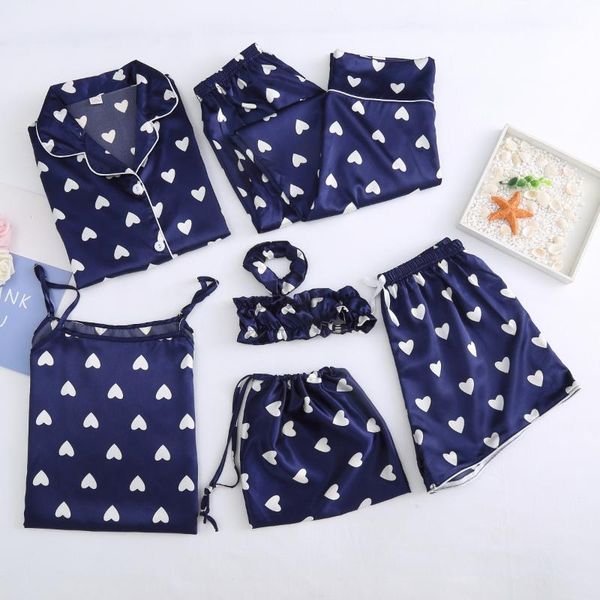 

lisacmvpnel 7 pcs printing fashion pajama set nightdress+long short pant set heart-shaped pijama for women, Blue;gray