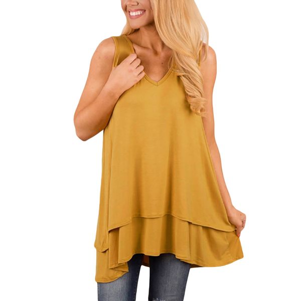 

women pure color blouse females ruffle layer asymmetric hem girls sleeveless v-neck casual plus size blouse roupas femininas, White