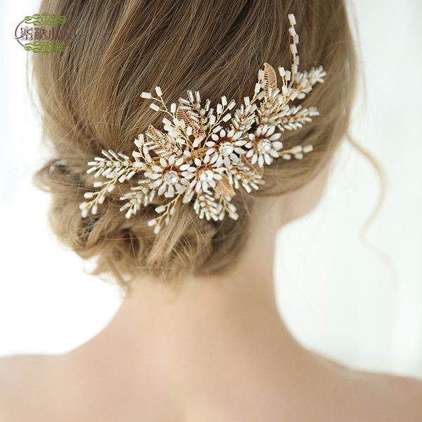 

wedding party beaded pearl gift woman lady diamond flower leaf hair jewelry for bride acting initiation graduation yy-26, Slivery;golden
