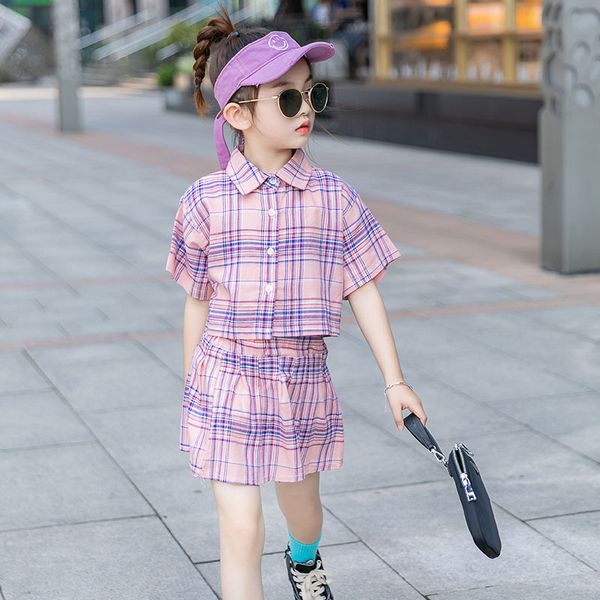 

new girl clothes lattice shirt skirts kids summer clothes sports suit for girs 2pcs set children clothing girls clothing, White