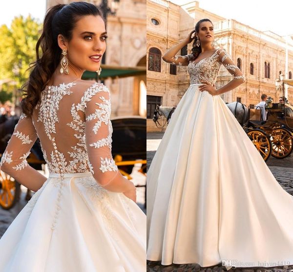 

sheer bodice wedding dresses long sleeves illusion back birdal dresses, White