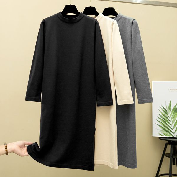 

gigogou oversized women long straight dress split up o neck casual loose maxi dress elegant autumn winter pullover sweater dress, Black;gray