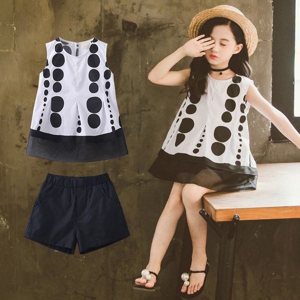 

girls clothes set dot vest + solid short 2pcs girls summer clothes teenage kids children clothing 6 8 10 12 13 14 year, White