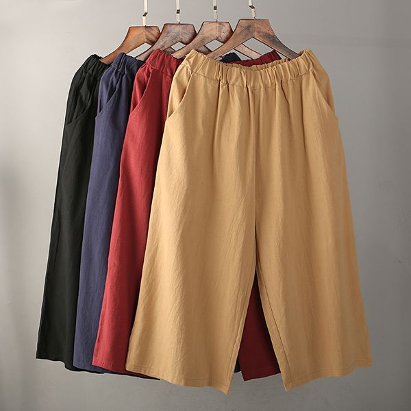 

new cotton and linen pants women summer new national stylesoild pants women's large size casual, Black;white