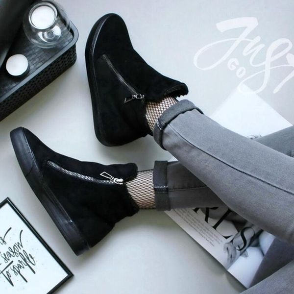 

women ankle boots ladies shoes fur sneakers warm plush casual shoes flock zip bota feminina winter boots female slip on botines, Black