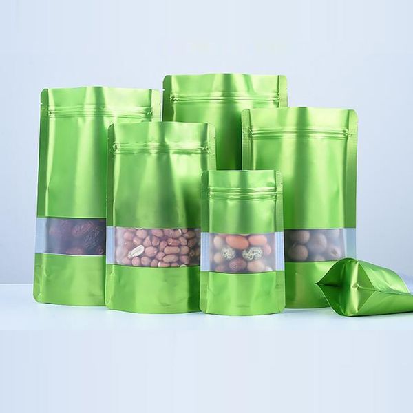 1000pcs Penceresi ile Yeşil Alüminyum Folyo Öz mühür Bag Ayağa kalk, Gıda Çay Şeker Cookie için Kılıfı Packaging Metalik Plastik