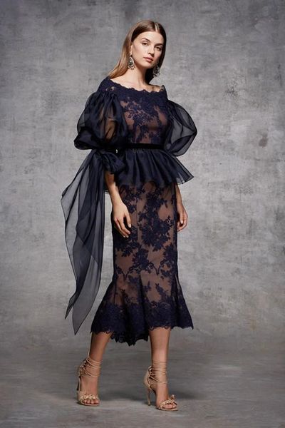 

navy blue lace mother of bride groom dresses 2020 new 3/4 long sleeve tea length mermaid mother dresses formal evening gowns m151, Black;red