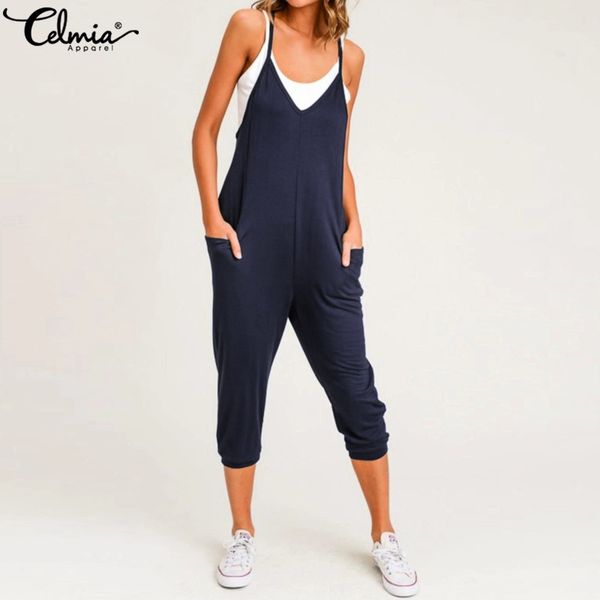 

celmia plus size women jumpsuits 2020 summer sleeveless spaghetti strap rompers casual loose harem pants v-neck playsuits, Black;white