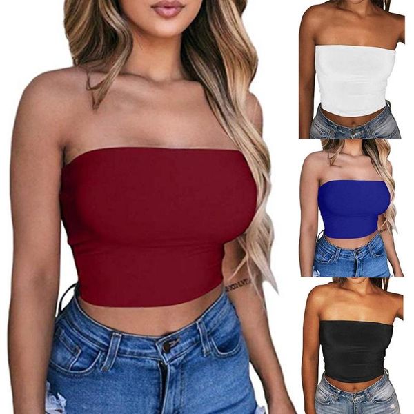 

women solid color strapless cropped mini bustier slim elastic tube elastic boob bandeau tube shirt cami top, White
