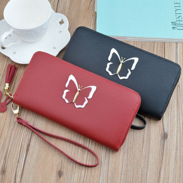 

cards holder wallet ladies cute animal women long wallet pure color clutch bag 2019 new pu leather purse phone card holder bag, Red;black