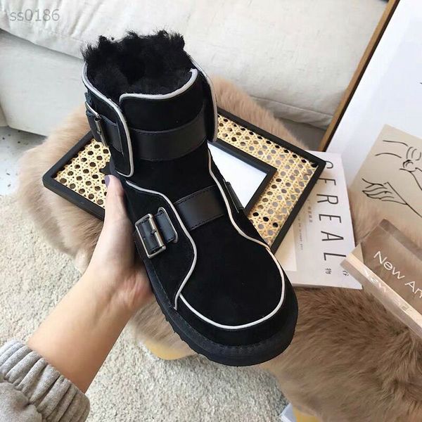 

winter new fur woman snow boots female reflective strip plus velvet belt buckle motorcycle boots warm luminous cotton shoes, Black