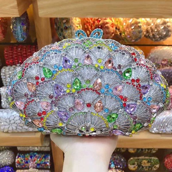

purple/pink/green rhinestone bag gold metal hollow out silver clutch purse luxury ladies dinner shoulder handbag